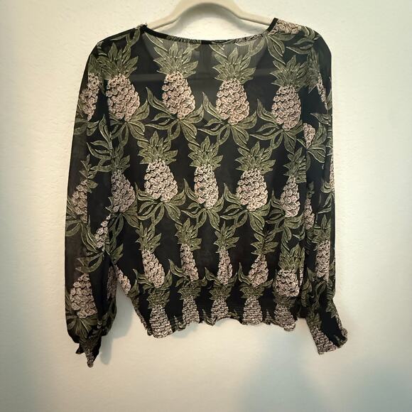 H&M Women’s Sheer Pineapple Print Blouse Black Green Pink Size 4 Long Sleeve - Picture 2 of 4